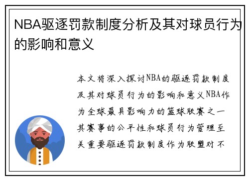 NBA驱逐罚款制度分析及其对球员行为的影响和意义