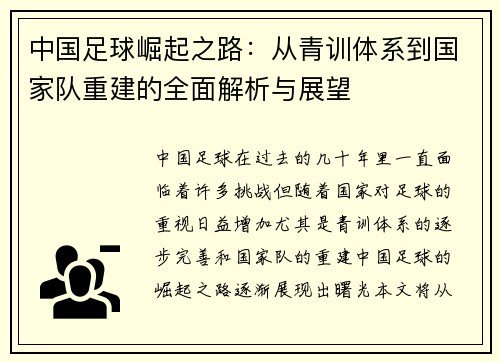中国足球崛起之路:从青训体系到国家队重建的全面解析与展望