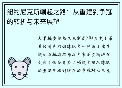 纽约尼克斯崛起之路：从重建到争冠的转折与未来展望