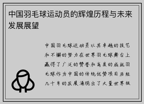 中国羽毛球运动员的辉煌历程与未来发展展望