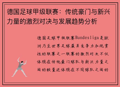 德国足球甲级联赛：传统豪门与新兴力量的激烈对决与发展趋势分析