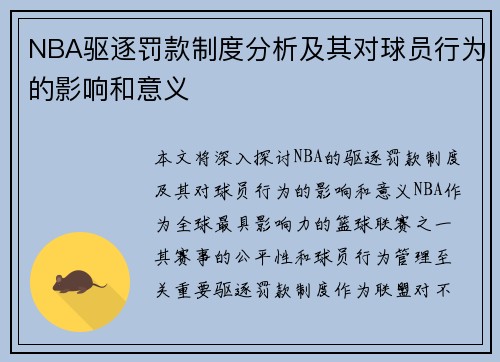 NBA驱逐罚款制度分析及其对球员行为的影响和意义