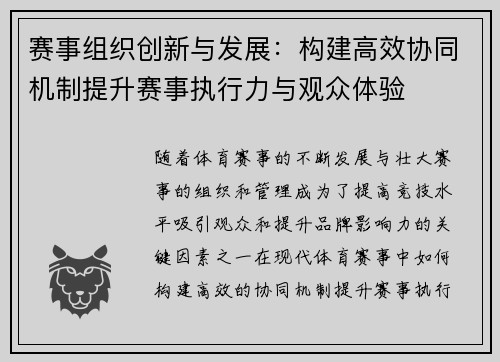 赛事组织创新与发展：构建高效协同机制提升赛事执行力与观众体验